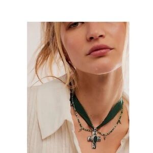 NWOT Free People Lola Choker Cross Necklace Green